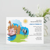 泥の納屋周囲の庭の誕生日の招待状のブタ 招待状 (スタンド正面)