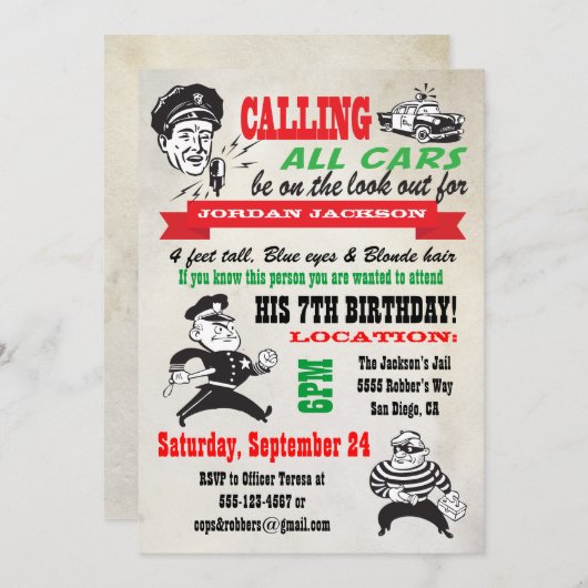 泥棒警官の誕生日のパーティの招待状 招待状 (正面/裏面)