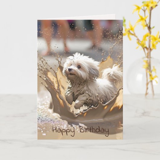 泥水の中の幸せな犬 カード (黄色い花)