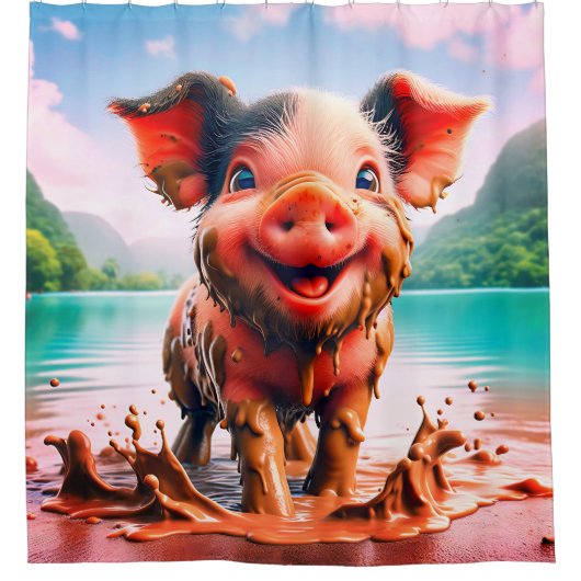 「泥風呂に入った喜ばしい豚お洒落 – ファームアート」 シャワーカーテン (正面)