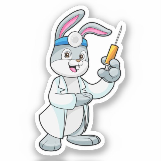 注射器で予防接種を受けているウサギ シール (正面)