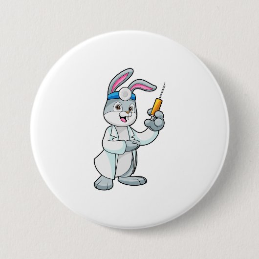 注射器で予防接種を受けているウサギ 缶バッジ (正面)