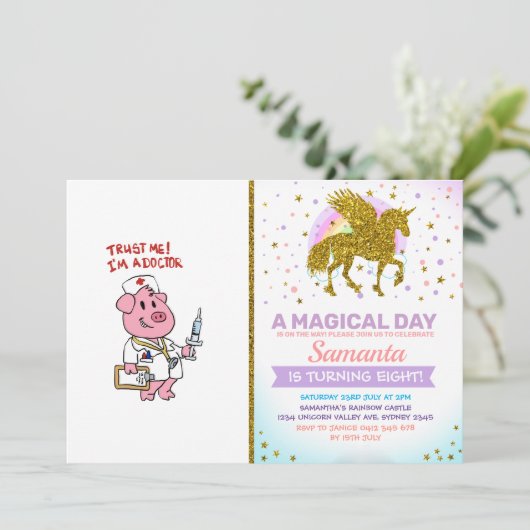 注射器を手に持つ医師豚|戻る色を選択 招待状 (スタンド正面)