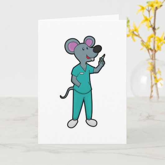 注射器を持ったワクチン接種の看護師としてのマウス カード (黄色い花)