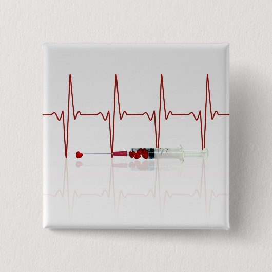 注射赤いハート 缶バッジ (正面)