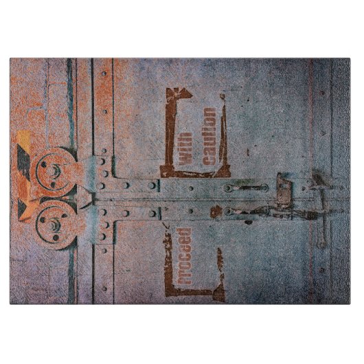 注意して青い灰色の工業用ドアで進む カッティングボード (正面)