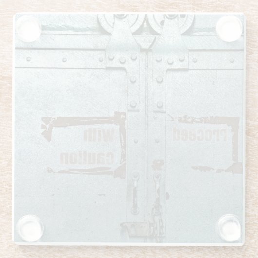 注意して青い灰色の工業用ドアで進む ガラスコースター (裏面)