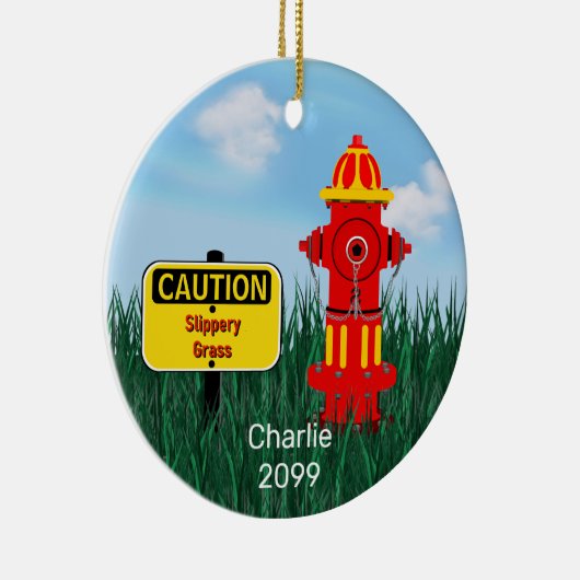 注意すべりやすい草の犬の子犬の消火栓 セラミックオーナメント (右)