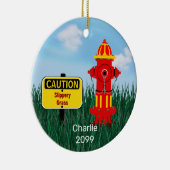 注意すべりやすい草の犬の子犬の消火栓 セラミックオーナメント (右)