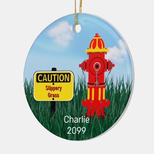 注意すべりやすい草の犬の子犬の消火栓 セラミックオーナメント (左)