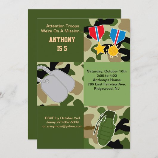 注意の軍隊の軍隊の誕生日の招待状 招待状 (正面/裏面)