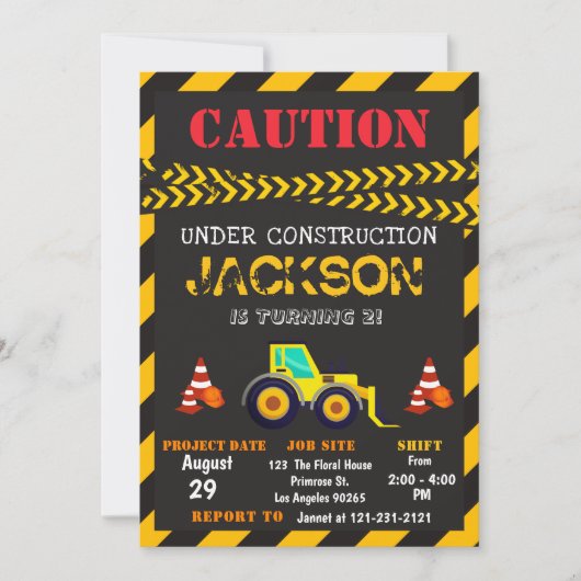注意アンダー建築ダンプトラック誕生日 招待状 (正面)