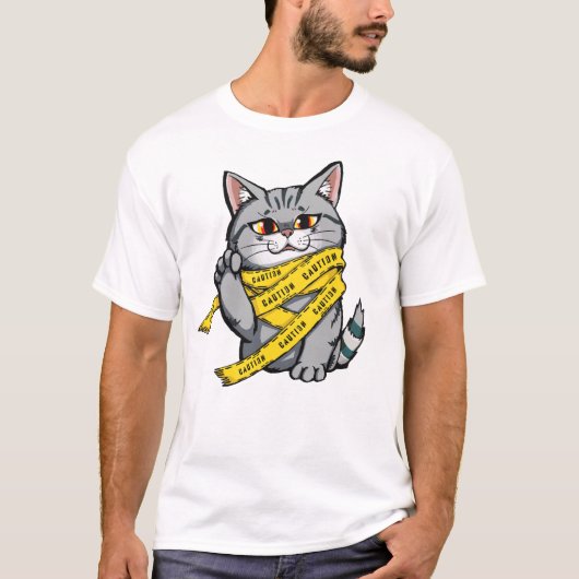 注意テープキャット – グおもしろいレイ虎猫 Tシャツ (正面)