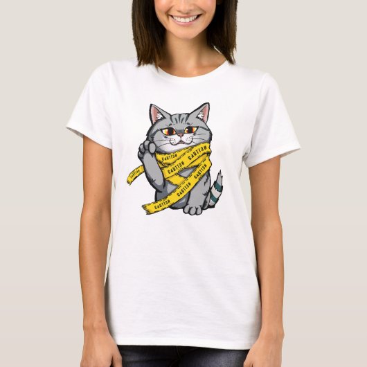 注意テープキャット – グおもしろいレイ虎猫 Tシャツ (正面)