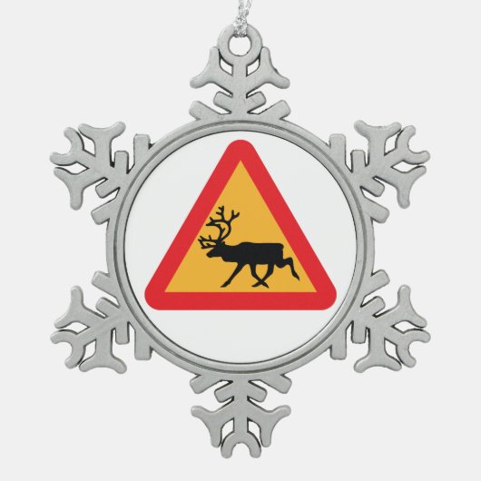 注意トナカイSwedishの交通標識 スノーフレークピューターオーナメント (正面)