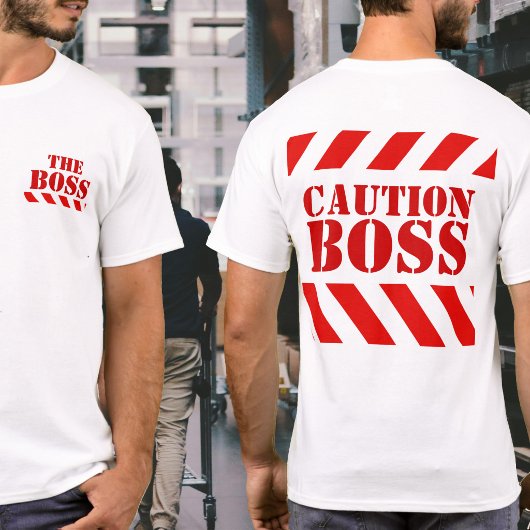 注意ボス警告ストライプ 赤 白 Tシャツ