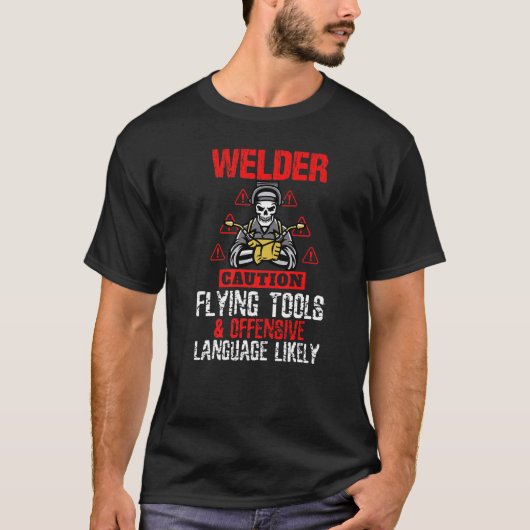 注意工飛んでいる具おもしろい溶接機パパ Tシャツ (正面)