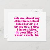 注意欠陥障害引用文追加ADHD – ピンク ポストカード (正面/裏面)