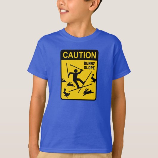 注意：ウサギ坂 - 面白いスキー注意標識 Tシャツ (正面)