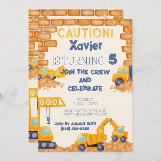 注意!建築トラック誕生日 招待状 (正面/裏面)