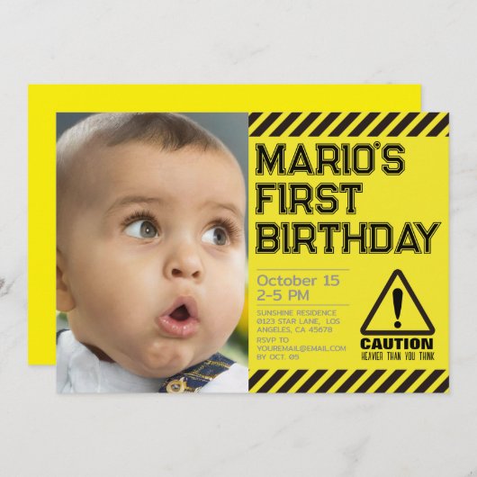 注意！最初のおもしろい誕生日パーティーへの招待 招待状 (正面/裏面)