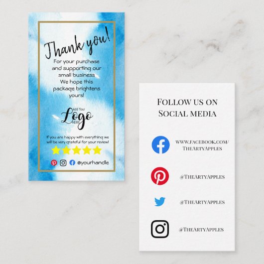 注文したロゴ感謝していを追加青い水を挿入 名刺 (正面/裏面)