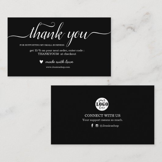 注文パッケージ用の白黒サンキューカード 名刺 (正面/裏面)