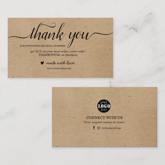 注文包装のためのクラフト紙サンキューカード 名刺 (正面/裏面)