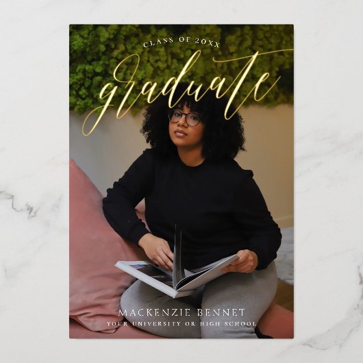 注目すべき実在金ゴールド台本2写真卒業 箔招待状 (正面)