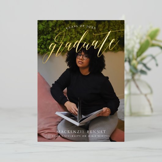 注目すべき実在金ゴールド台本2写真卒業 箔招待状 (立ち正面)