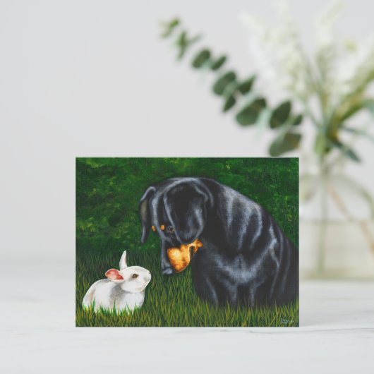 注目するイースター目-ダックスフント犬およびバニーウサギ シーズンポストカード (スタンド正面)