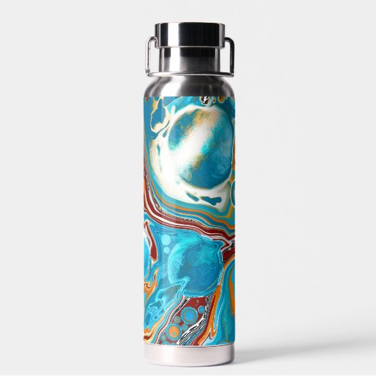 注絵画ぐスタイルブラウンとブルーの流体アート ウォーターボトル (背面)