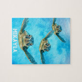 泳いでいる3匹のベビーのウミガメ ジグソーパズル (横)