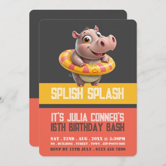 泳ぐヒポ、プールパーティの誕生日 招待状 (正面/裏面)