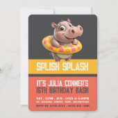 泳ぐヒポ、プールパーティの誕生日 招待状 (正面)