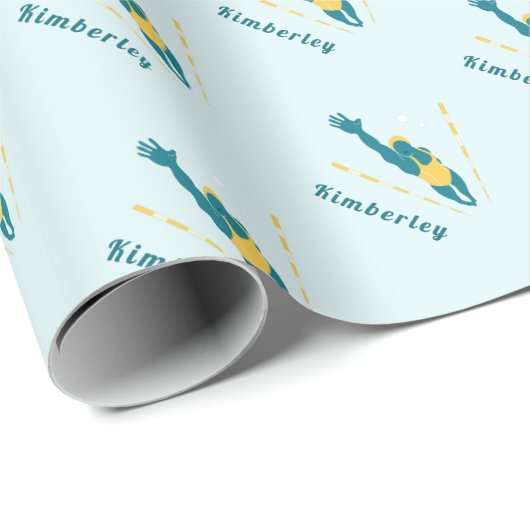 泳ぐ人イラストレーションスイミング名前をカスタムするスポーツ ラッピングペーパー (ロールコーナー)