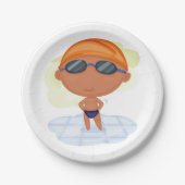 泳ぐ人少年のゴーグルとスイムキャップ ペーパープレート (正面)