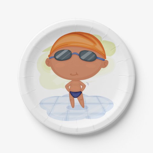 泳ぐ人少年のゴーグルとスイムキャップ ペーパープレート (正面)