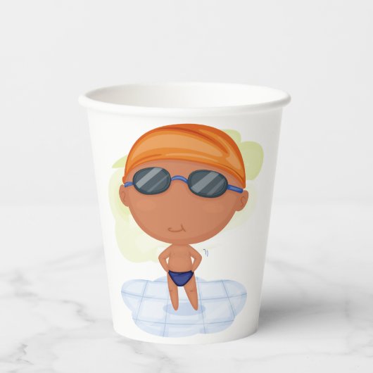 泳ぐ人少年のゴーグルとスイムキャップ 紙コップ (正面)