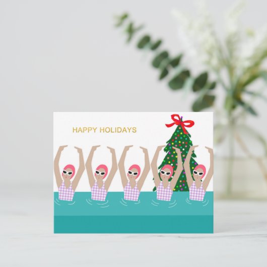泳ぐ人芸術的イラストレーションクリスマスホリデー ポストカード (スタンド正面)