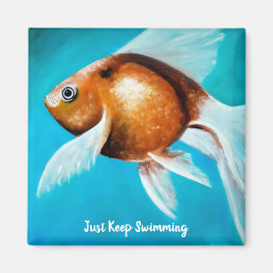 泳ぐ保だけ、金ファンシー魚絵画、青 マグネット