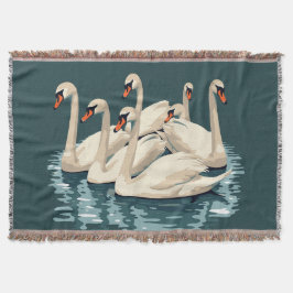 泳ぐ7羽の白鳥 カットアウト ステンシル風 4 スローブランケット