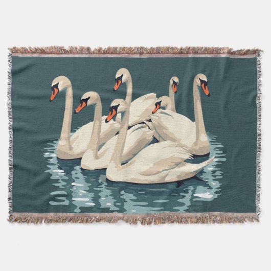 泳ぐ7羽の白鳥 カットアウト ステンシル風 4 スローブランケット (正面)