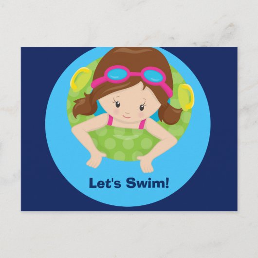 泳ごう ガールズ バースデー プールパーティ ブラウン髪 青 ポストカード (正面)