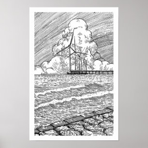 洋上風力発電の墨絵 ポスター