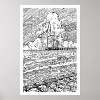 洋上風力発電の墨絵 ポスター