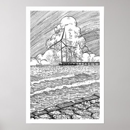 洋上風力発電の墨絵 ポスター (正面)