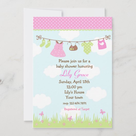 洗濯ひも ベビーシャワー 招待状 ガールズ (正面)