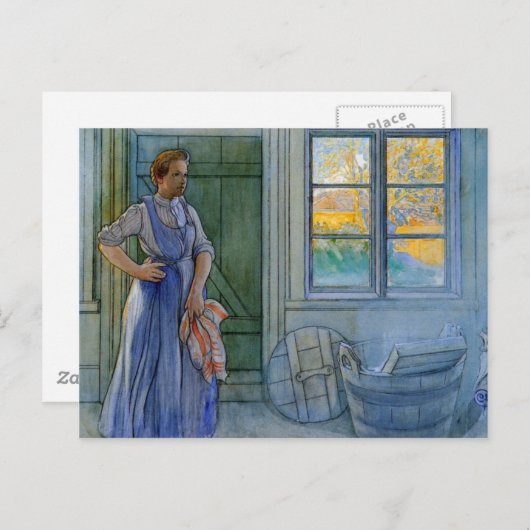 洗濯婆が洗濯板を見る ポストカード (正面/裏面)