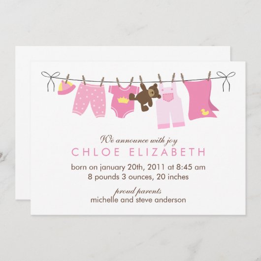 洗濯日のベビー出産のお知らせ 案内状 (正面/裏面)